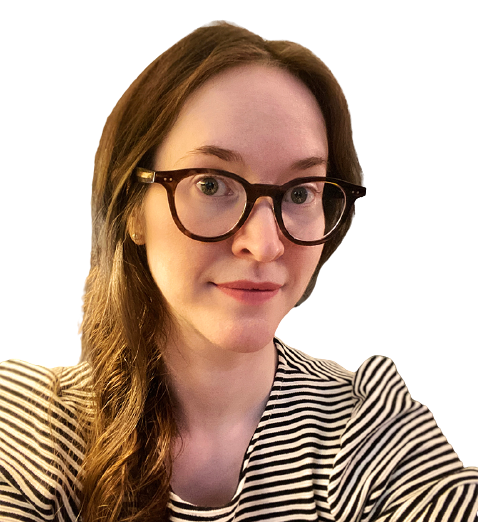A confident white developer with long brown hair, Markie, wears glasses and a striped blouse.